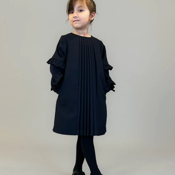 그루비 컬러 멜란지 트윌 프론트 플리츠 드레스 (네이비)