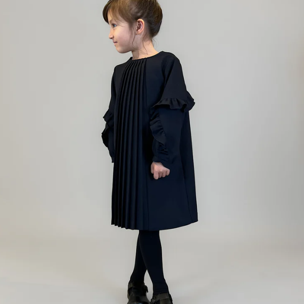 그루비 컬러 멜란지 트윌 프론트 플리츠 드레스 (네이비)