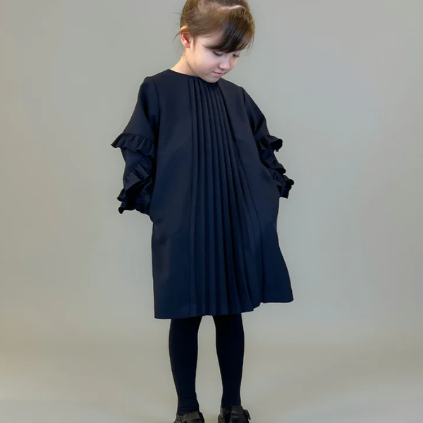 그루비 컬러 멜란지 트윌 프론트 플리츠 드레스 (네이비)