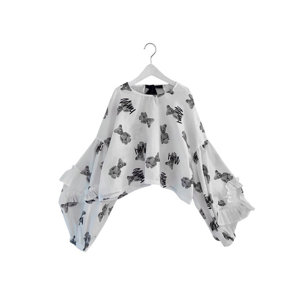 frankygrow/Franky Grow GRAFFITIED BEAR FRILL SLEEVES PO (WHITE) 25FWSH-090