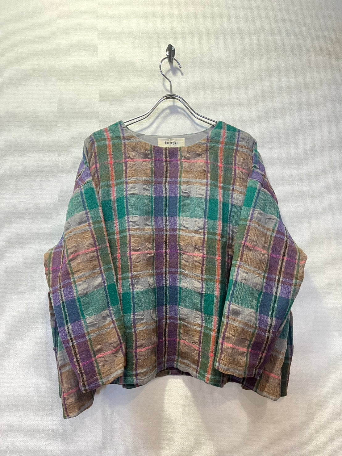 tumugu / tumugu wool cotton check pullover (green) TB25343