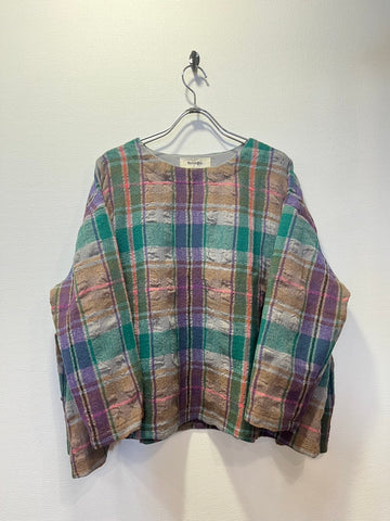 tumugu / tumugu wool cotton check pullover (green) TB25343