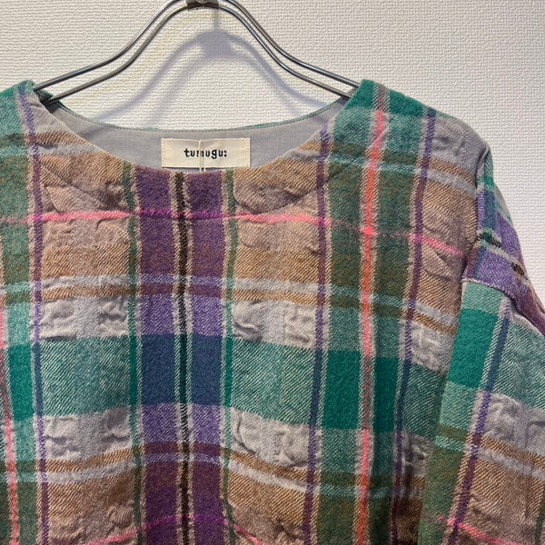 tumugu / tumugu wool cotton check pullover (green) TB25343
