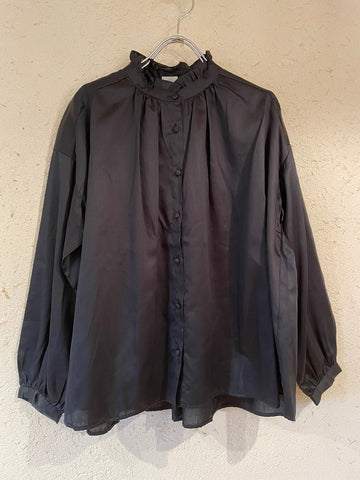 Tumugu / Tsumug棉緞面襯衫（黑色）TB20152